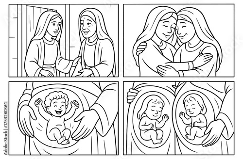 Joyful encounter of mary and elizabeth with anticipation of motherhood, biblical scene for religious education
