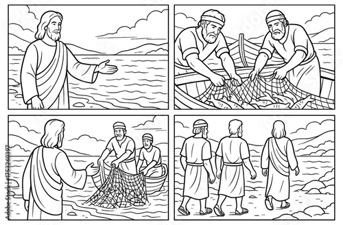 Biblical scene: fishermen's call comic panels for religious storytelling and educational use