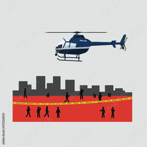 Blue police helicopter flies above city skyline with people behind caution tape