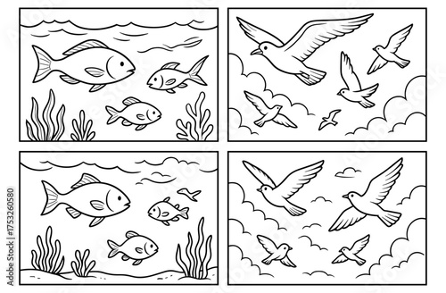 Day five creation concept with birds and fish for religious education and nature studies