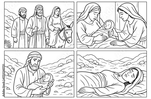 Biblical comic panels depicting nativity story for educational and religious storytelling
