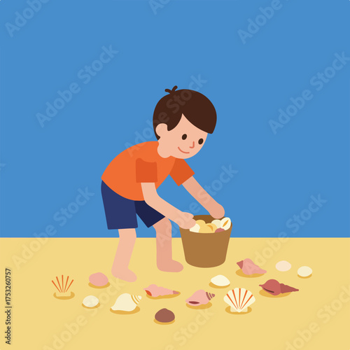 Child collecting seashells on a sandy beach with blue sky