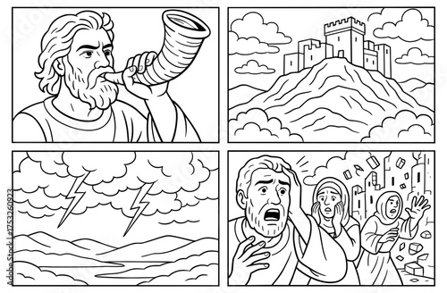 Biblical scenes of trumpet sound on zion with emotional reactions and dramatic skies