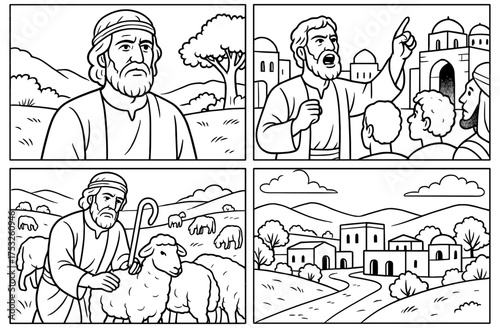 Biblical scenes featuring amos the prophet in comic panel style for religious education and storytelling