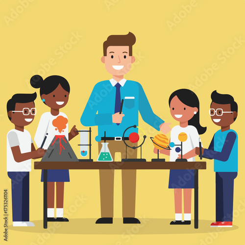 Teacher guides children in science experiments and astronomy models