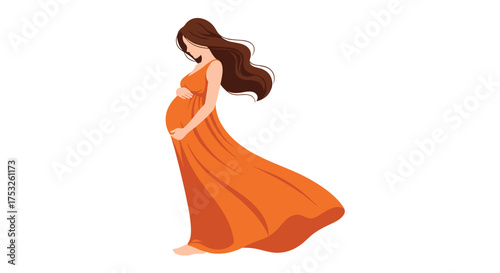 A pregnant woman in a flowing orange dress on a white background.