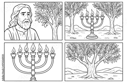Biblical comic panels featuring menorah and olive trees for religious educational material