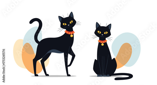Two elegant black cats with yellow eyes wearing collars on a white background with abstract shapes.