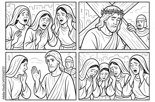 Passion story comic panels depicting women weeping and jesus with cross for religious art and education