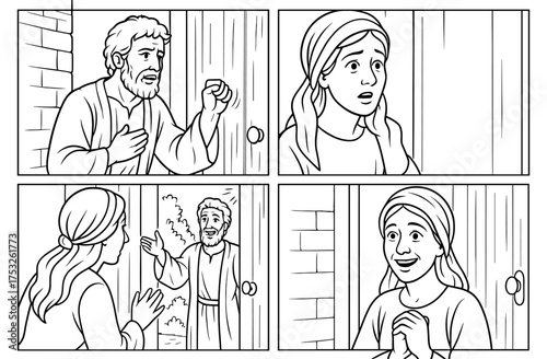 Dramatic reunion scene with man knocking at door and surprised woman in comic strip style for storytelling