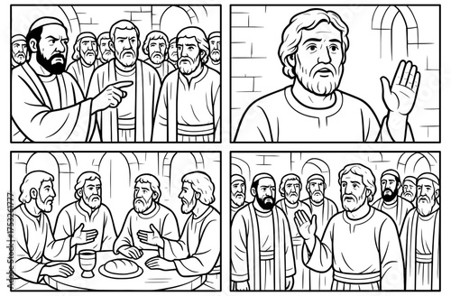 Biblical scene of peter's defense with apostles discussing in a historical setting