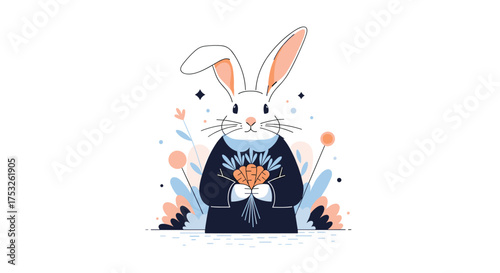 A cute cartoon bunny dressed in a suit holding a bouquet of carrots.