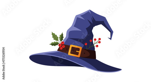 A magical witch hat adorned with holly and berries for the holiday season.