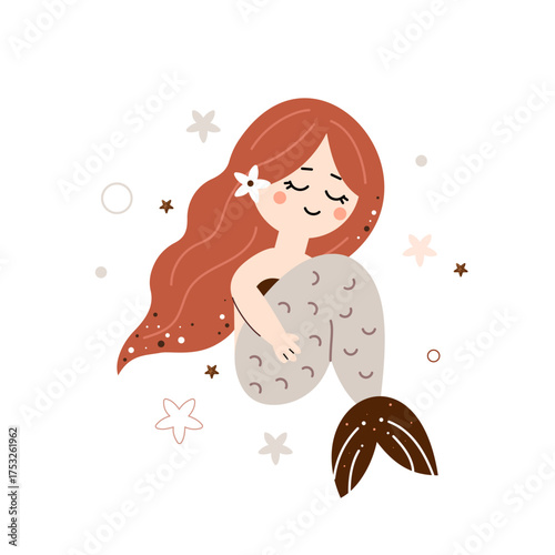 Slika na platnu Cute mermaid with long hair and seashells