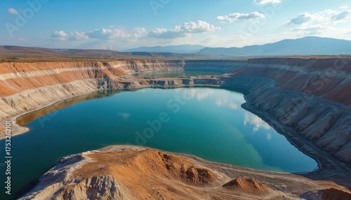 Aerial view of a mining lake with turquoise water. Striated cliffs of brown, orange and gray earth surround water. Mountains in background under blue sky with clouds.