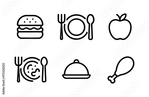Minimalist linear food icons set featuring burgers, utensils, fruits, and dishes