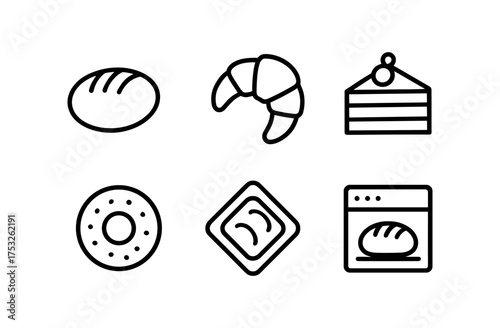 Bakery icons: bread, croissant, pastry, donut, ravioli, oven