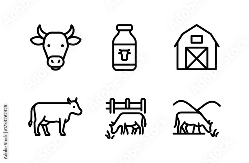 Farm icon set: cow head, milk bottle, barn, grazing cattle, fence, outline style