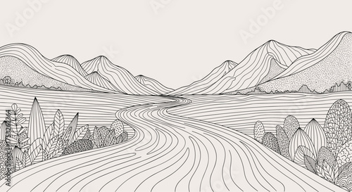 A winding road leads through a picturesque valley with rolling hills and distant mountains.