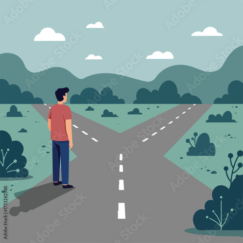 Man stands at a fork in the road, contemplating which path to take under a cloudy sky