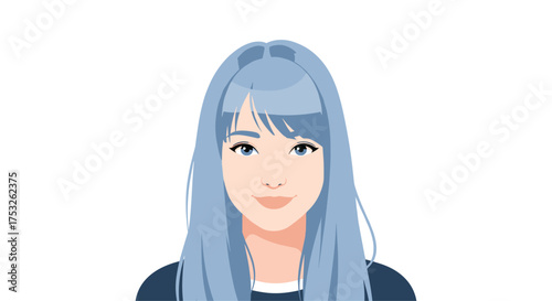 An anime style illustration of a young woman with blue hair and bangs smiling gently.