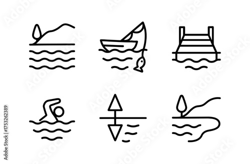 Minimalist line icons of fishing, swimming, and lakeside activities
