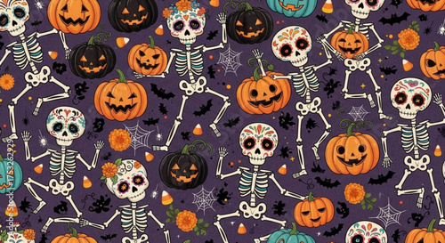 Funny Skeletons & Pumpkins Seamless Pattern – Cute Hand-Drawn Day of the Dead Fabric Design