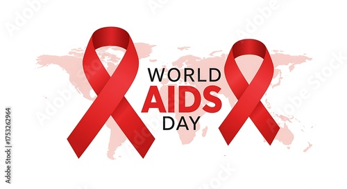 World AIDS Day illustration with red ribbons on a map background