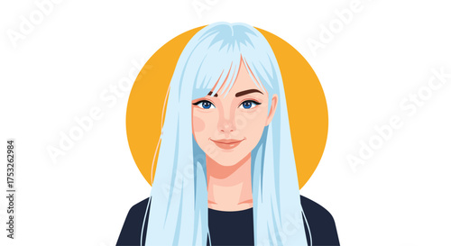 A friendly young woman with long pastel blue hair and striking blue eyes smiles warmly against a bright orange sun.