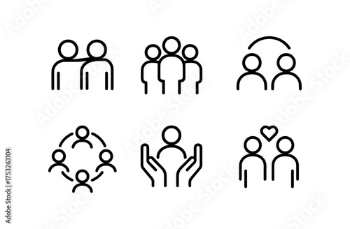 Minimalist line icons of people in various social interactions
