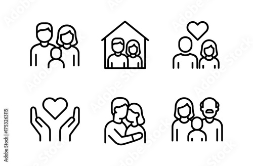 Family connection concepts with icons depicting love, unity, and togetherness in simple outline style