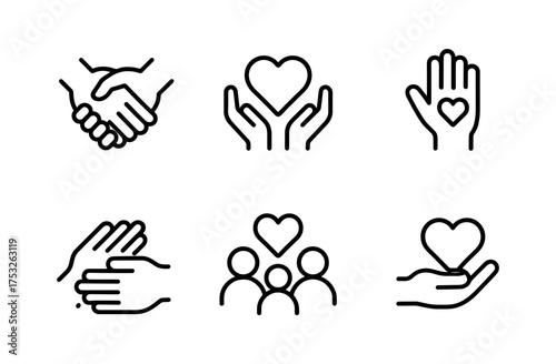 Minimalist line art icons of hands and hearts for community and care concepts