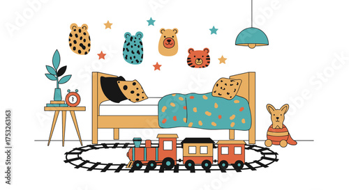 A whimsical children's bedroom featuring a wooden bed with playful animal-themed bedding and wall decorations.