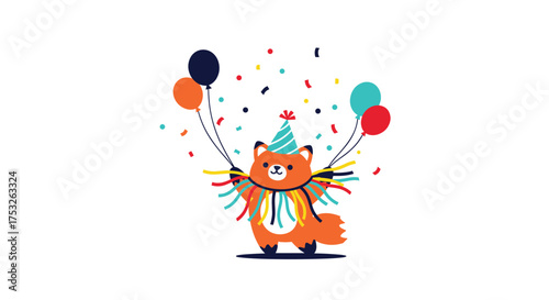 A happy fluffy fox wearing a party hat and streamers celebrates with balloons and confetti.
