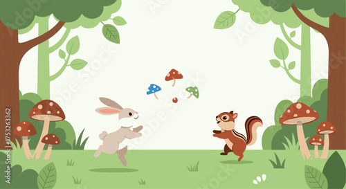 A whimsical forest scene with a bunny and a chipmunk playing among colorful mushrooms and lush greenery.