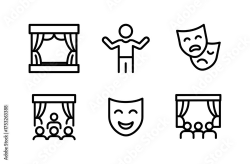 Theater icon set featuring minimalist stage, audience, and comedy masks