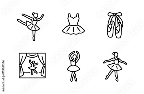 Elegant ballet icons: graceful line art symbols of dancers and ballet accessories