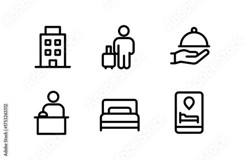 Minimalist hotel services icons: travel, accommodation, restaurant, concierge, booking, luggage