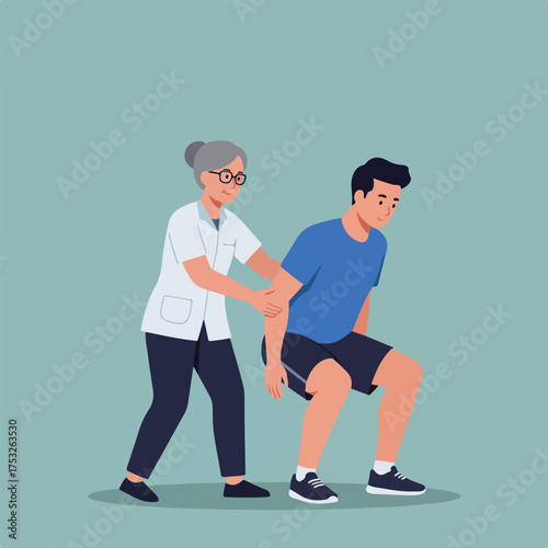 A therapist assists a man in a squatting position
