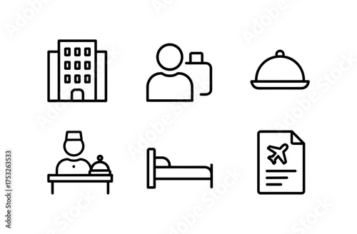 Hotel service essentials: linear icons of hospitality and travel