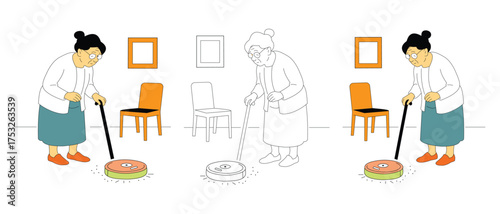 Elderly woman with robot vacuum cleaner and chairs