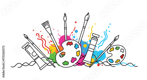 A vibrant collection of art supplies with colorful paint splatters and brushes.