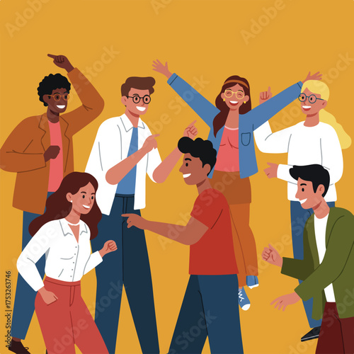 Diverse group of people joyfully pointing, celebrating, and interacting against a vibrant orange backdrop