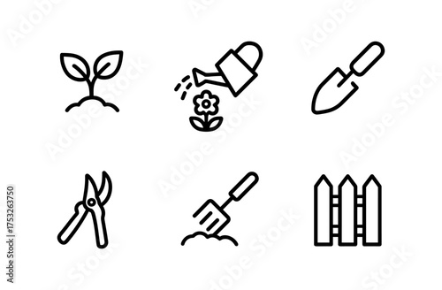 Simple gardening icons set: tools and plants in minimal outline style