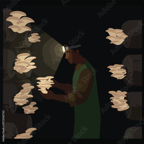 Man tending to mushroom harvest in dark setting