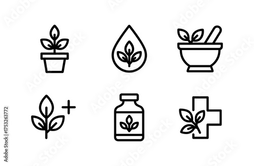 Herbal medicine icons set: minimalistic line art of natural health symbols