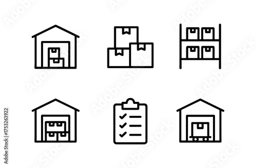 Warehouse and inventory icons: packaged goods, storage, and checklist in linear design