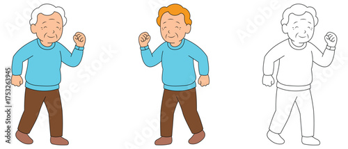Happy elderly man walking with fists clenched senior