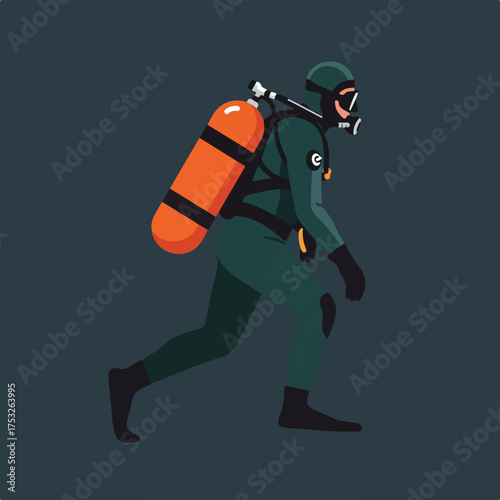Person in scuba gear with orange tank walking