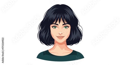 A young woman with black hair and green eyes smiles gently at the viewer.